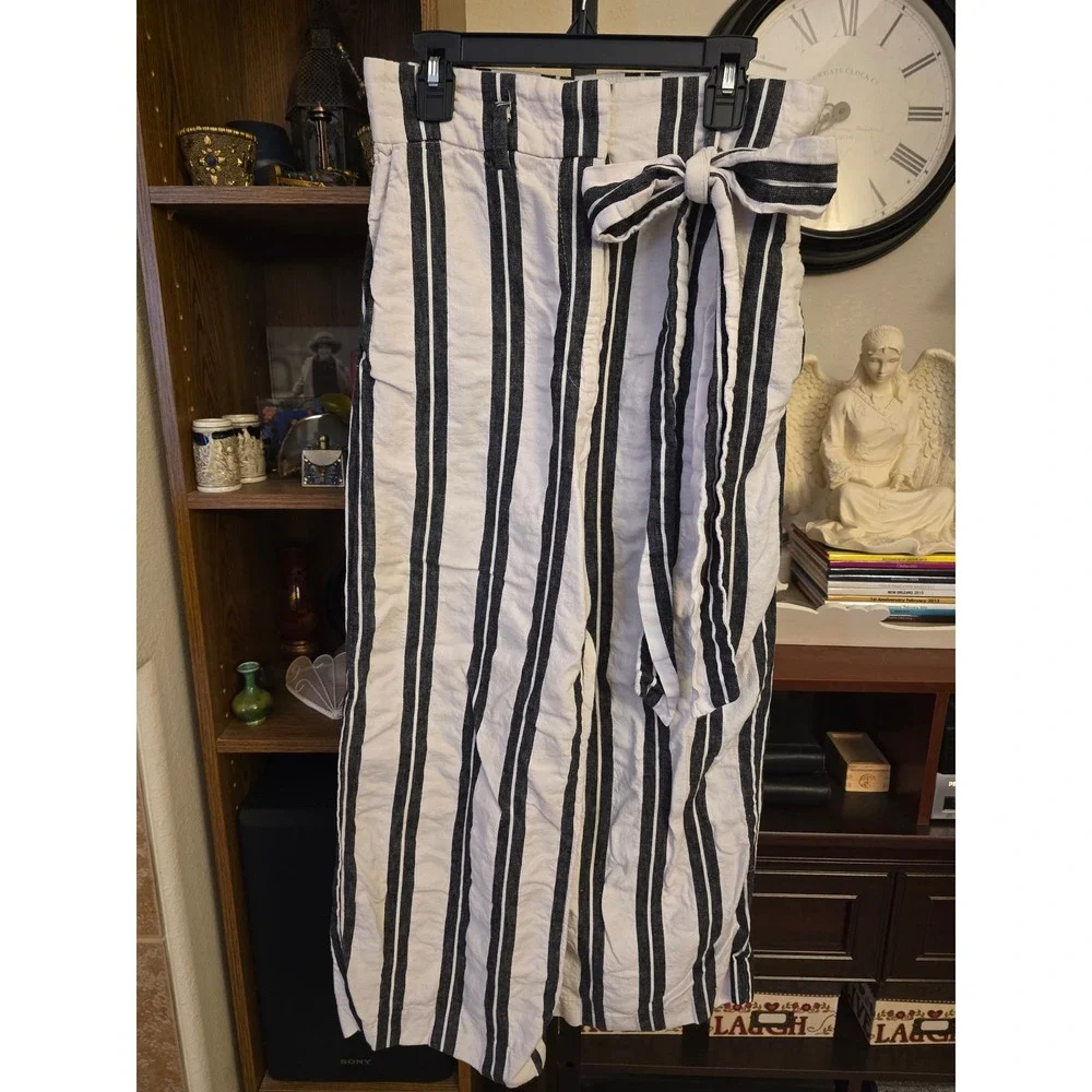 H&M Striped Wide Leg Linen Blend Pants Black White High Rise Tie Waist Size S